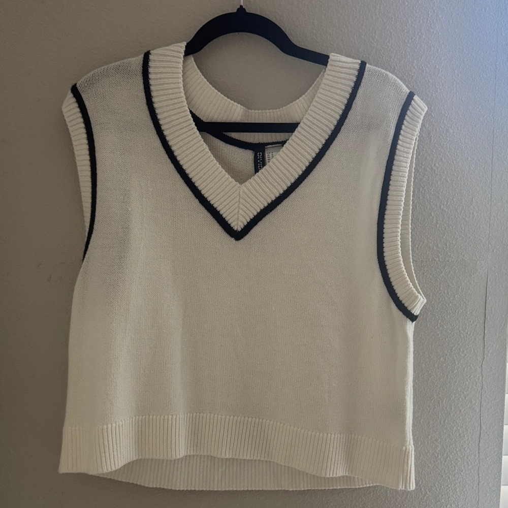 H&M Cream V-Neck Sweater Vest with Black Trim